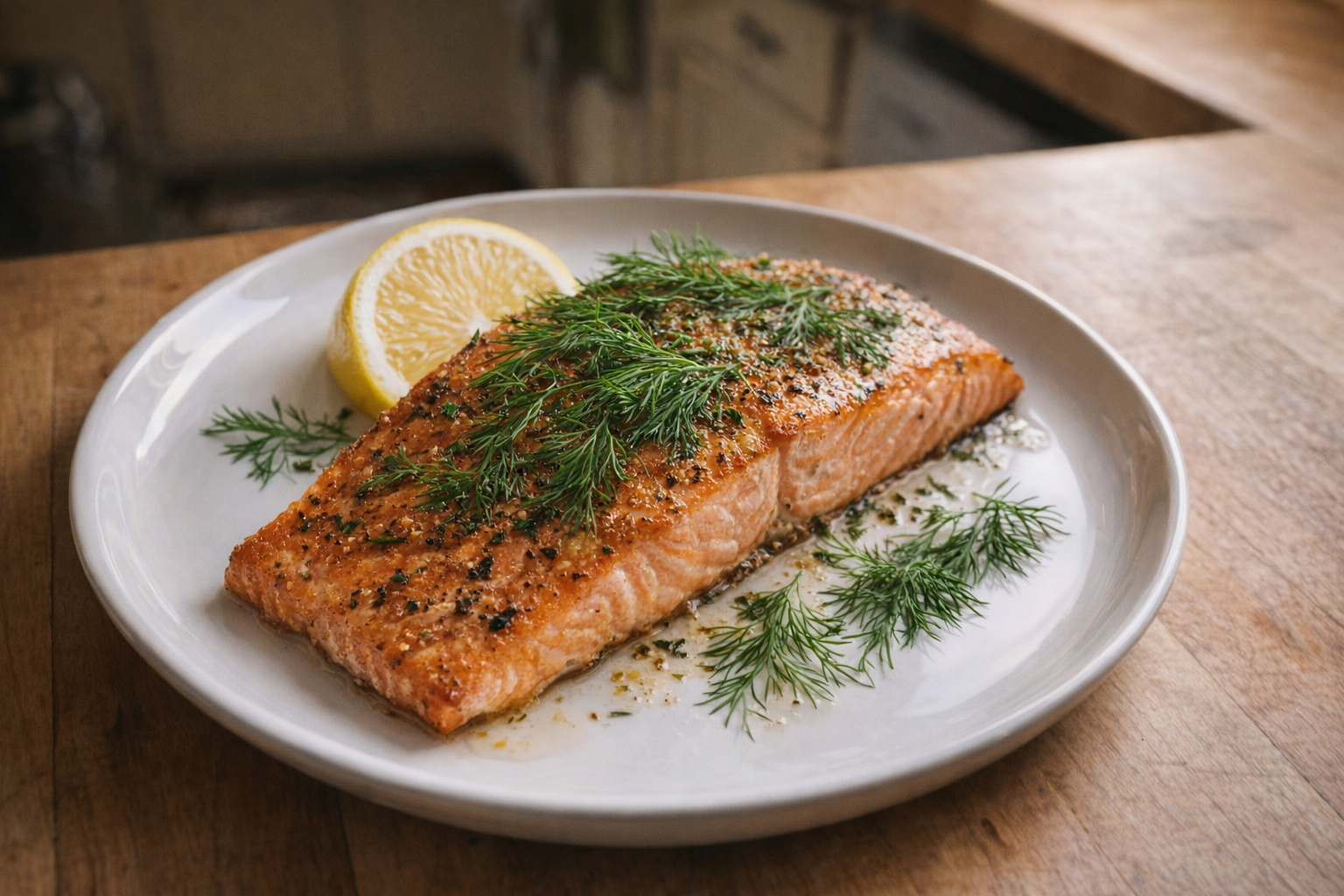 Overhead shot of a perfectly baked salmon fillet on a white plate, garnished with fresh dill and a lemon wedge, soft natural lighting